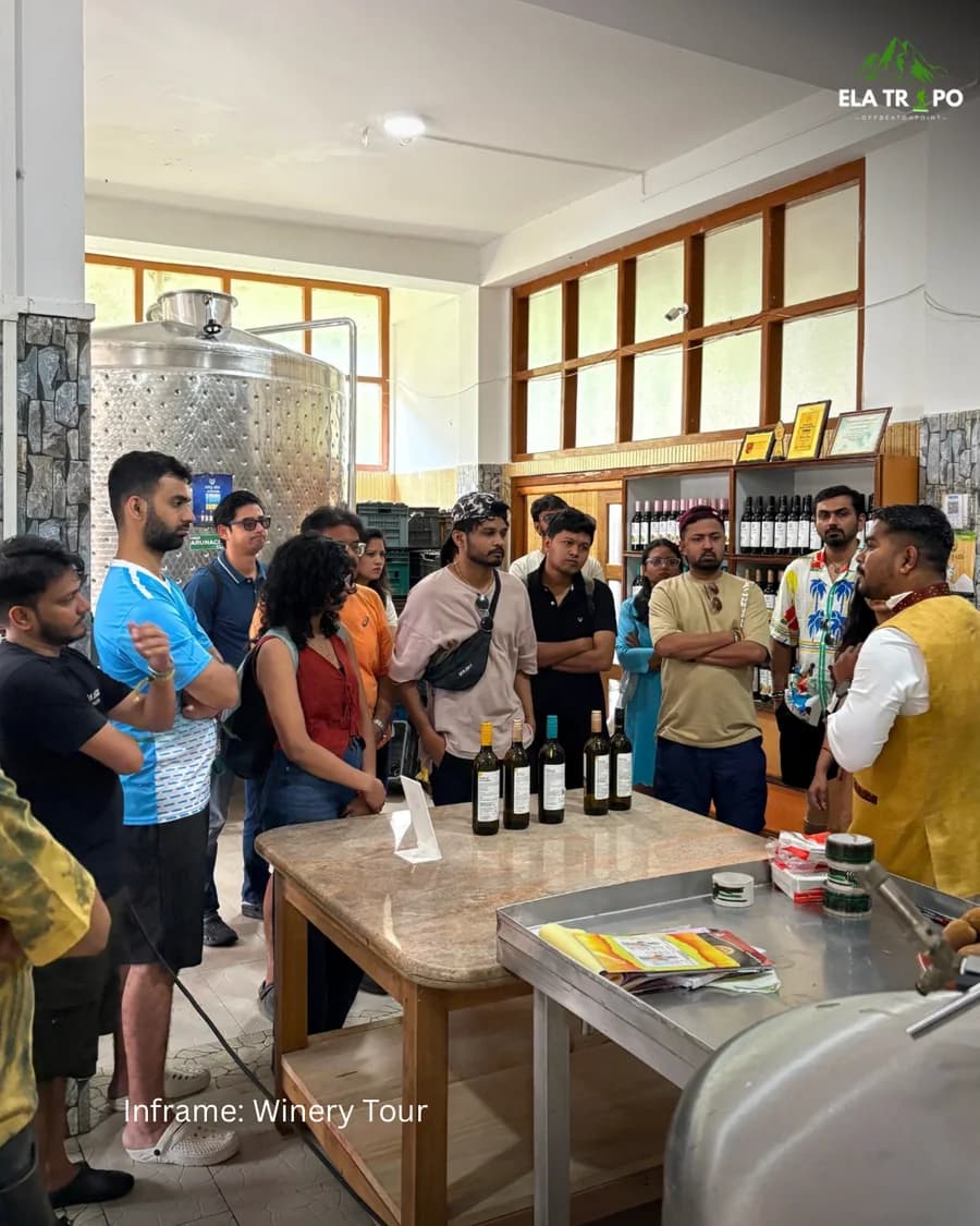 A group gathered round a tasting counter at a Ziro winery, bottles in front of them and steel fermentation tanks behind