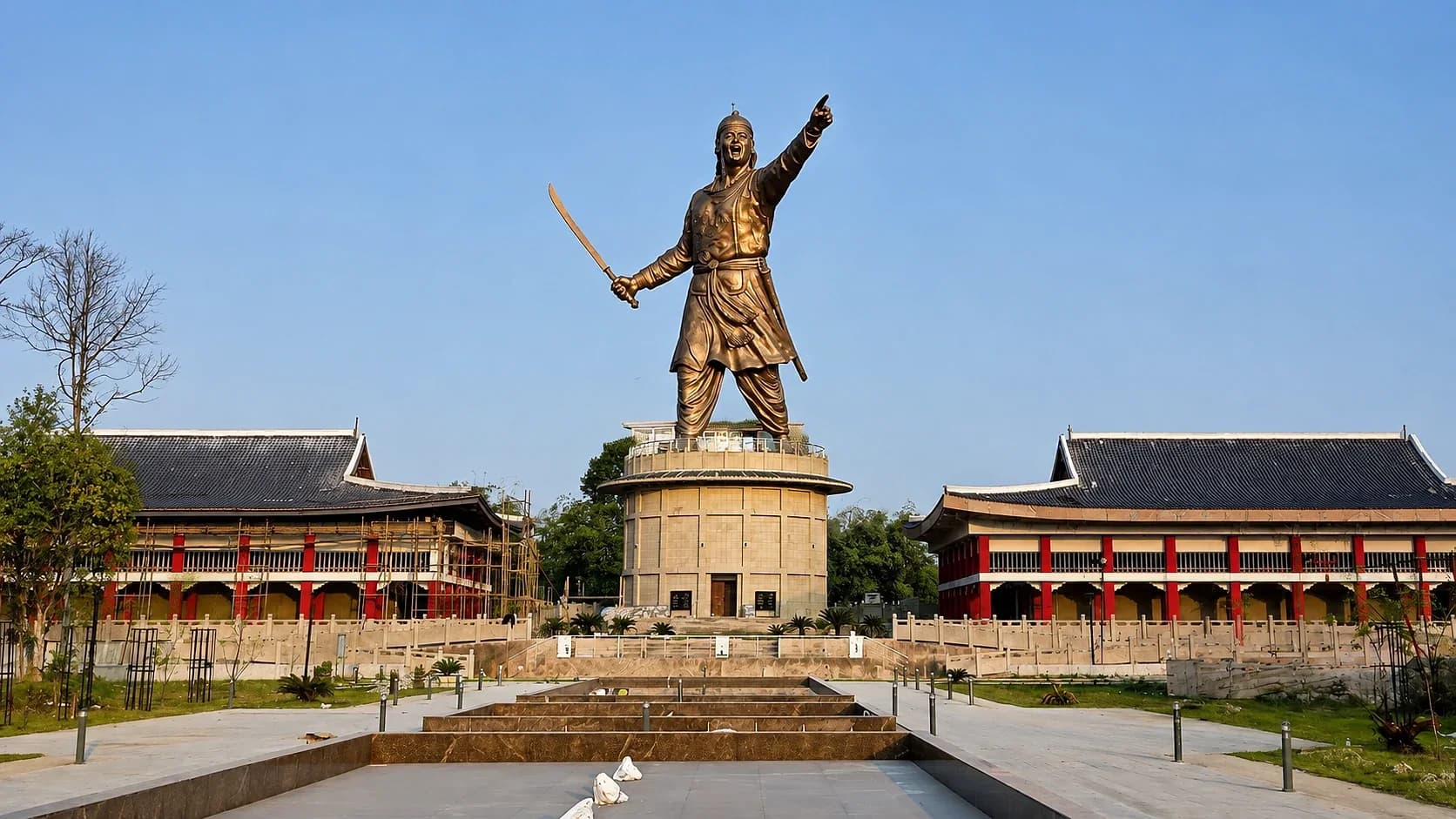 A tall bronze statue of a sword-bearing Ahom general on a round plinth, Ahom-roofed halls on either side