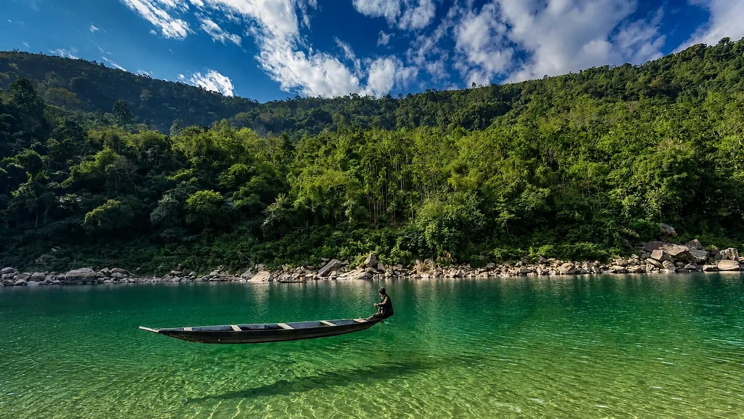 A wooden boat on the Umngot at Dawki, the water so clear the riverbed shows through beneath it
