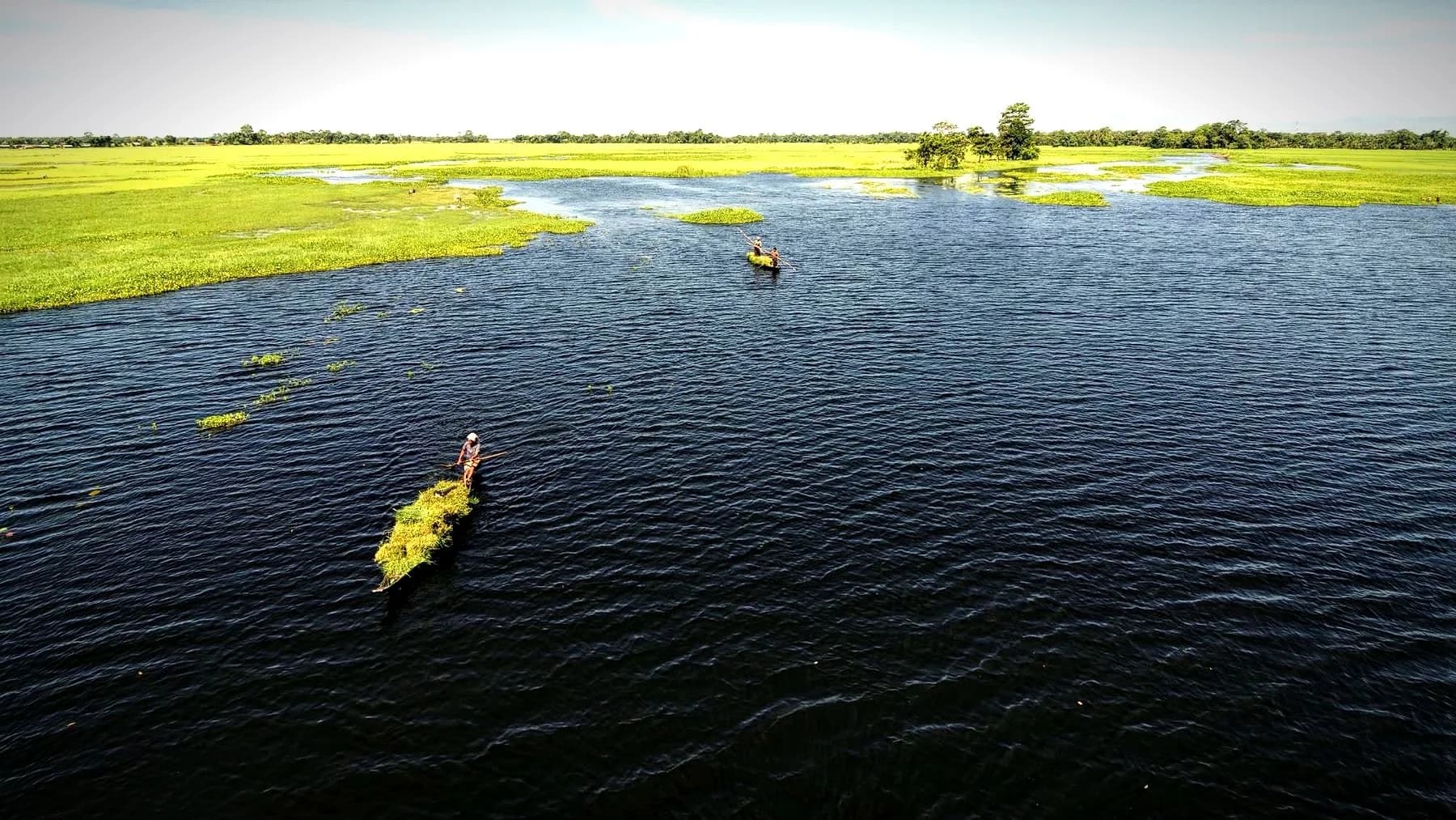 Boatmen poling loaded canoes across a broad channel of the Brahmaputra, Assam