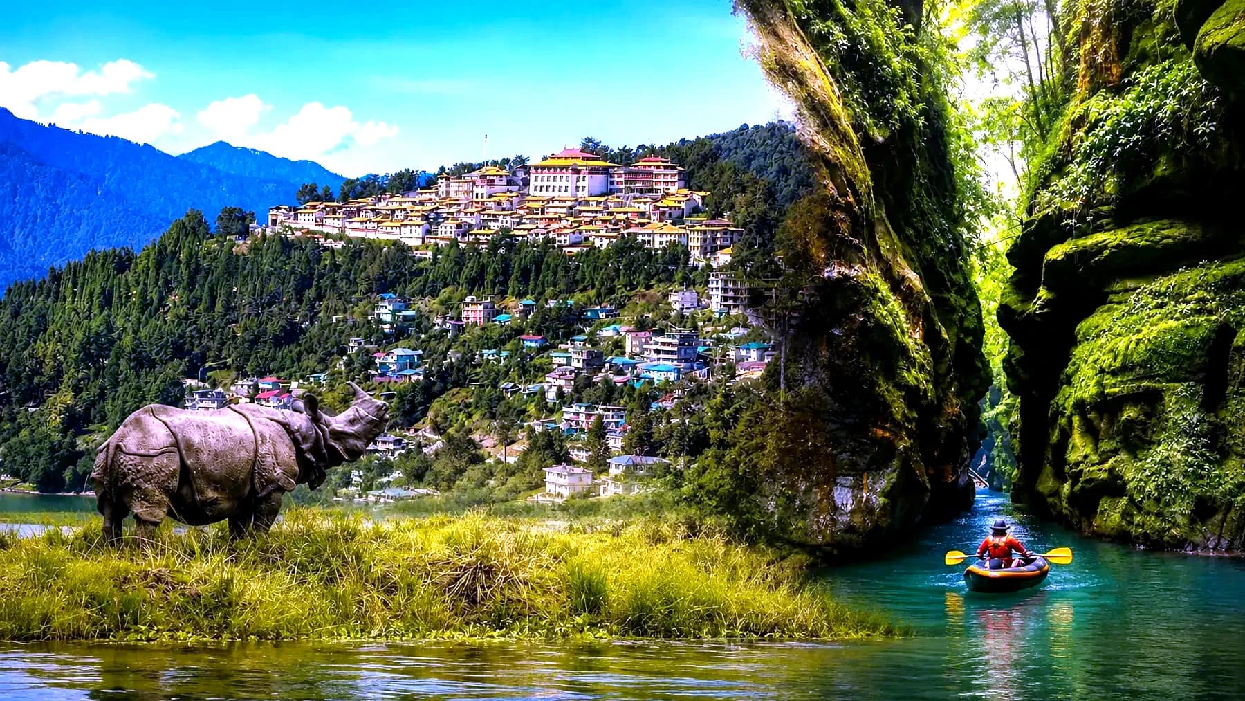 Tawang Monastery, a Kaziranga rhino and a Meghalaya gorge in one frame — the three states of the route