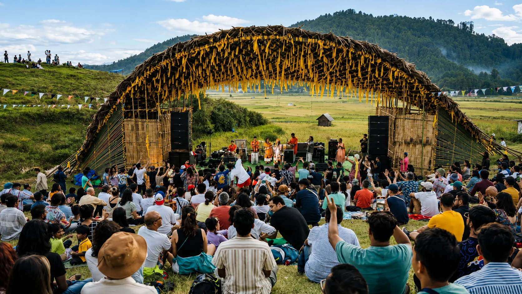 A crowd seated on the grass before a bamboo stage in the Ziro paddy fields during the music festival